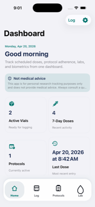 Enhanced Health dashboard with active vials, recent doses, protocols, and last dose timing.